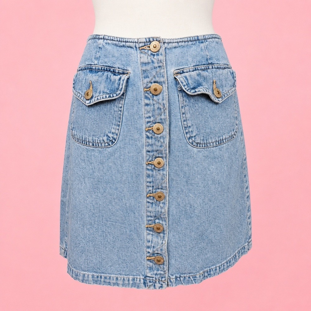 Y2K Xhilaration Button Front Denim Mini Skirt Light Wash Flap Pockets Grunge 7